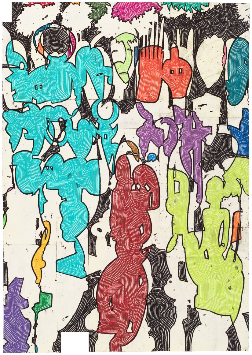 Bo Joseph Syncretizing Cryptic Signs, 2019 oil pastel, acrylic and tempera on joined paper 59 5/8 x 42 inches