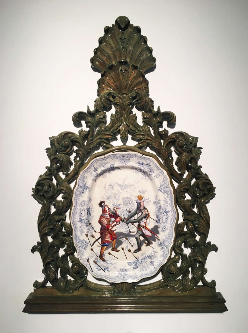 Adeela Suleman Untitled (Plate - 1), 2017 Wood, Ceramic Plate with Enamel Paint Hardener and Lacquer 47.50h x 31.50w x 3d in