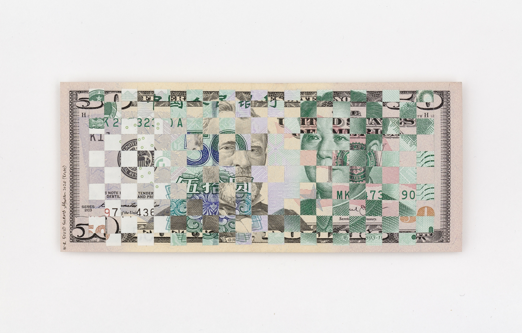 Abdullah M. I. Syed Weaving Myths and Realities: 50 US dollar and 50 Chinese RMB (Portrait, Recto), 2020 Hand-cut and woven uncirculated 50 US Dollar and 50 Chinese RMB and archival tape 6.60h x 15.50w in