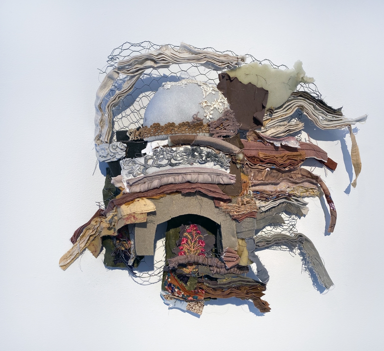Ruby Chishti Essence of Time VI, 2020 Found crochet lace, embellishment, wire mesh, cloth scraps, metal 15h x 19w x 4d in