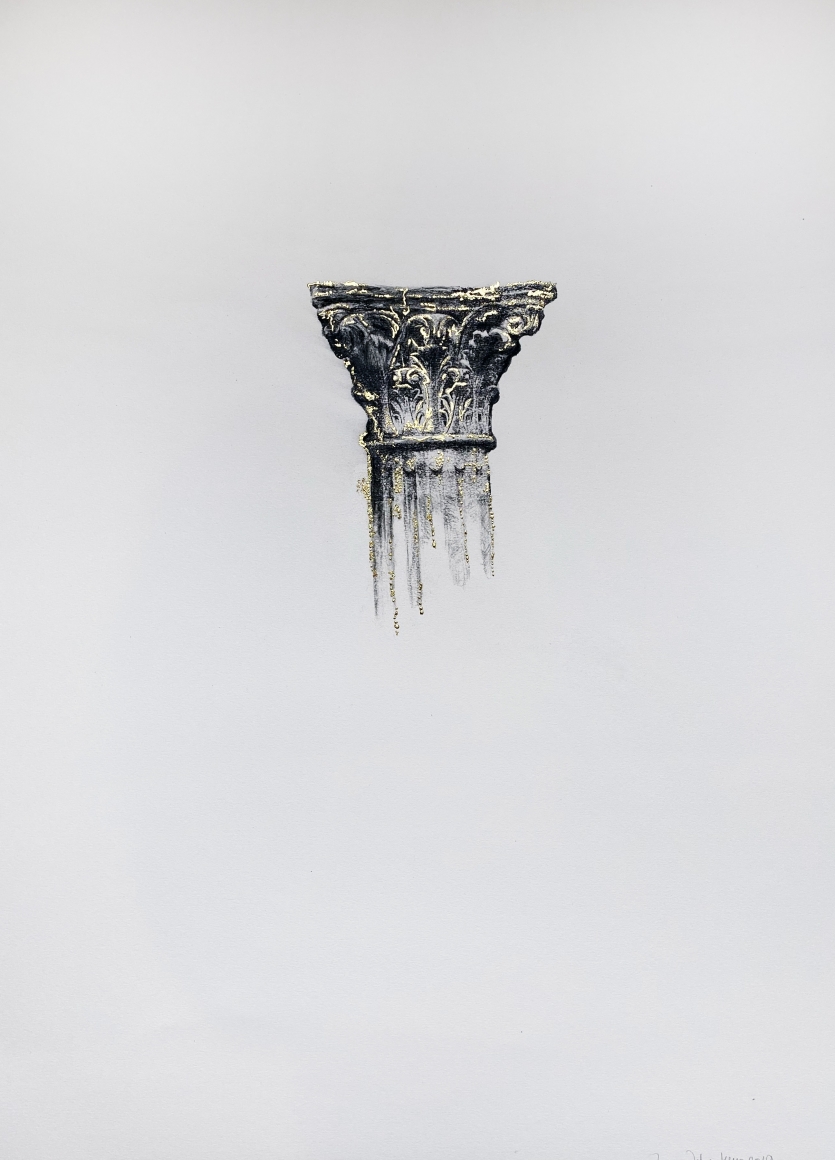Najmun Nahar Keya Corinthian Dhaka (29) Charcoal, graphite, rabbit skin glue, gold, on Fabriano archival paper 28 x 20 2019