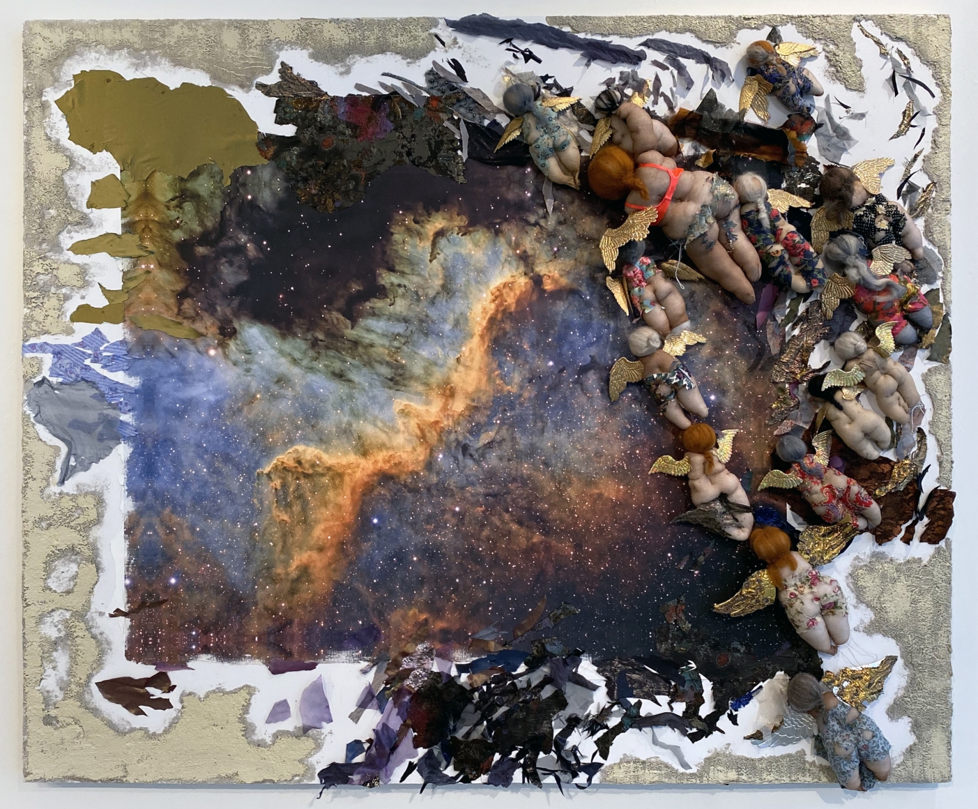 Ruby Chishti Heavenly Bodies, 2020 Borrowed image of Cygnus Wall in Narrowband, polyester, cloth, metal, and archival glue 60h x 72w in