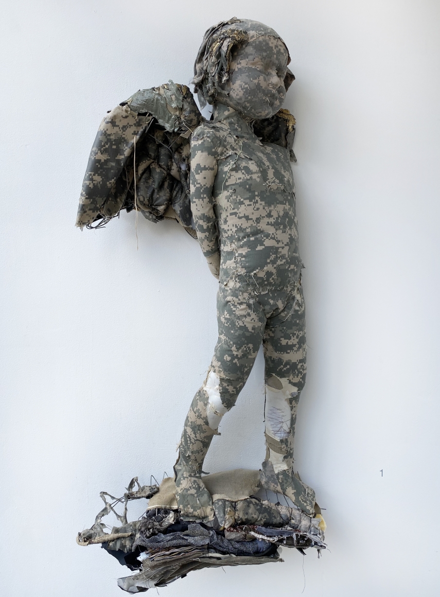 Ruby Chishti Wandering, 2020 Old military jacket, polyester, wire mesh, thread 47h x 28w x 10d in