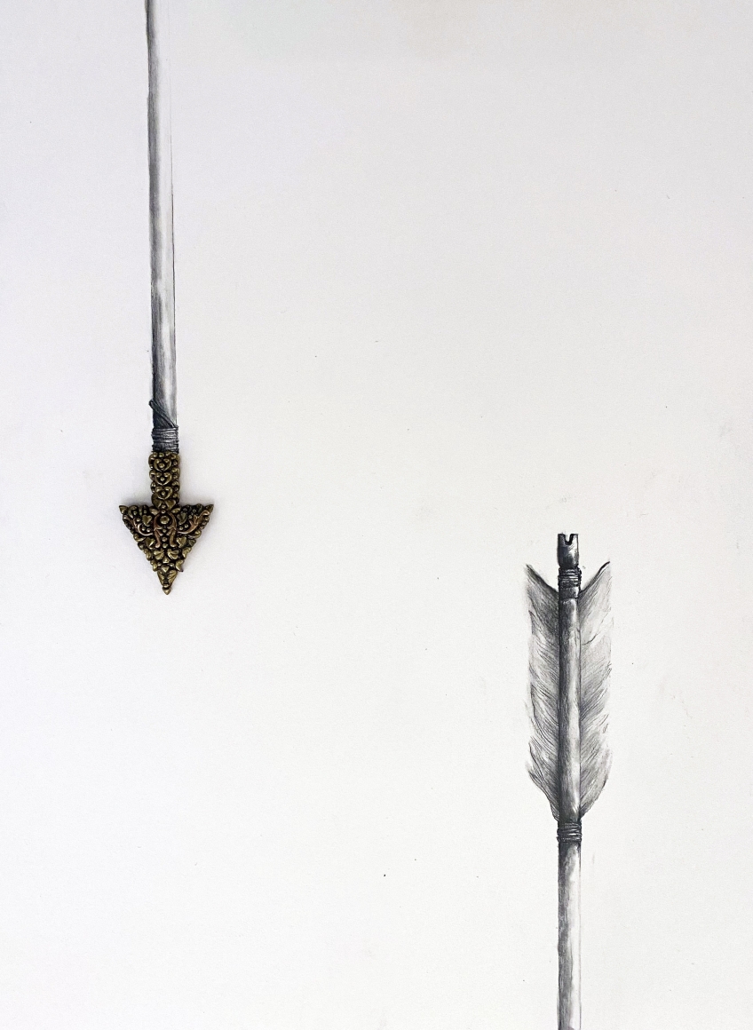 Promotesh Das Pulak Untitled (Beautiful way to die) (4) 2019 Drawing on paper, brass, copper 16 x 12 in.