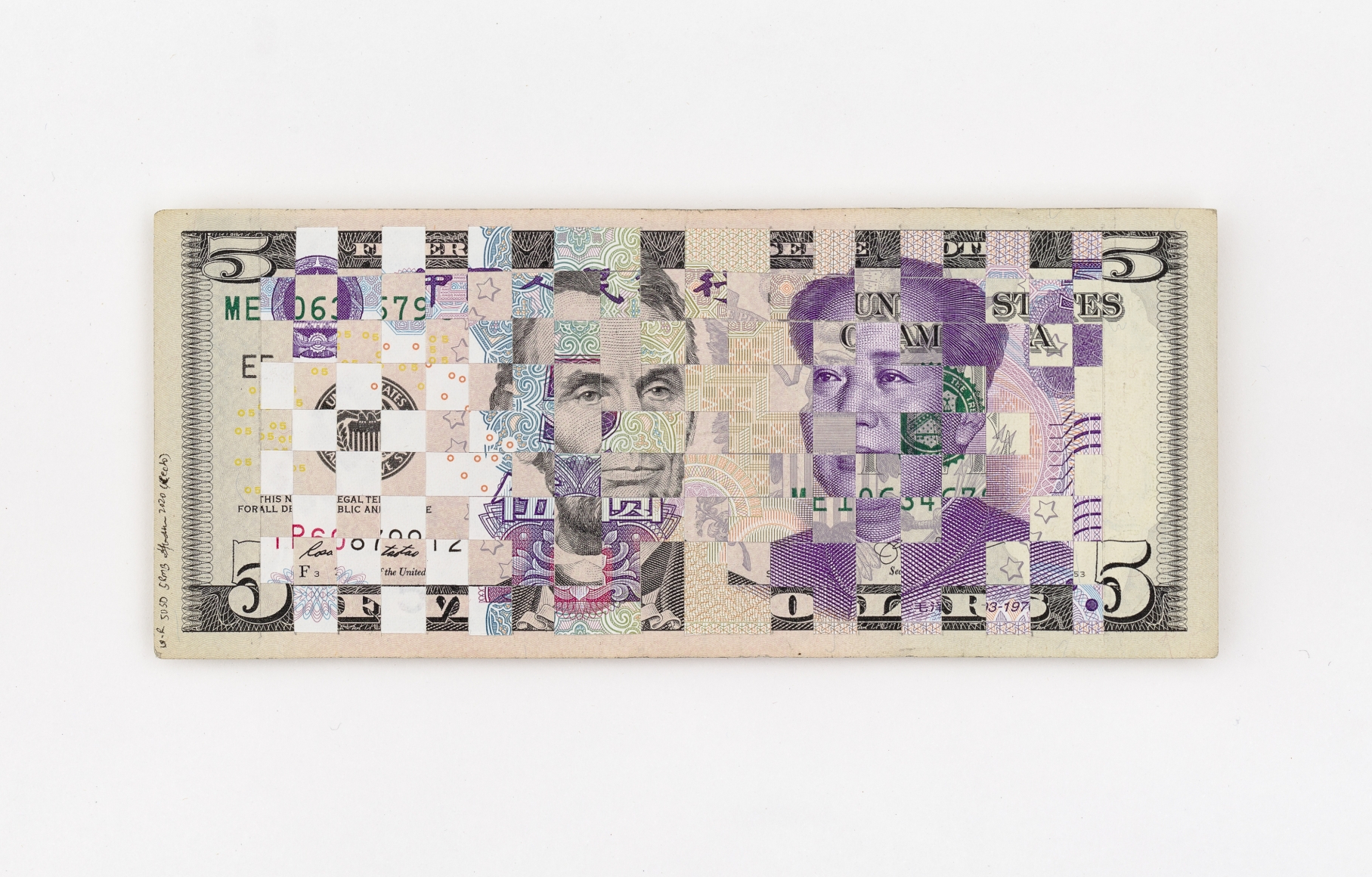 Abdullah M. I. Syed Weaving Myths and Realities: 5 US Dollar and 5 Chinese RMB (Portrait, Recto), 2020 Hand-cut and woven uncirculated 5 US Dollar and 5 Chinese RMB and archival tape 2.60h x 6.10w in