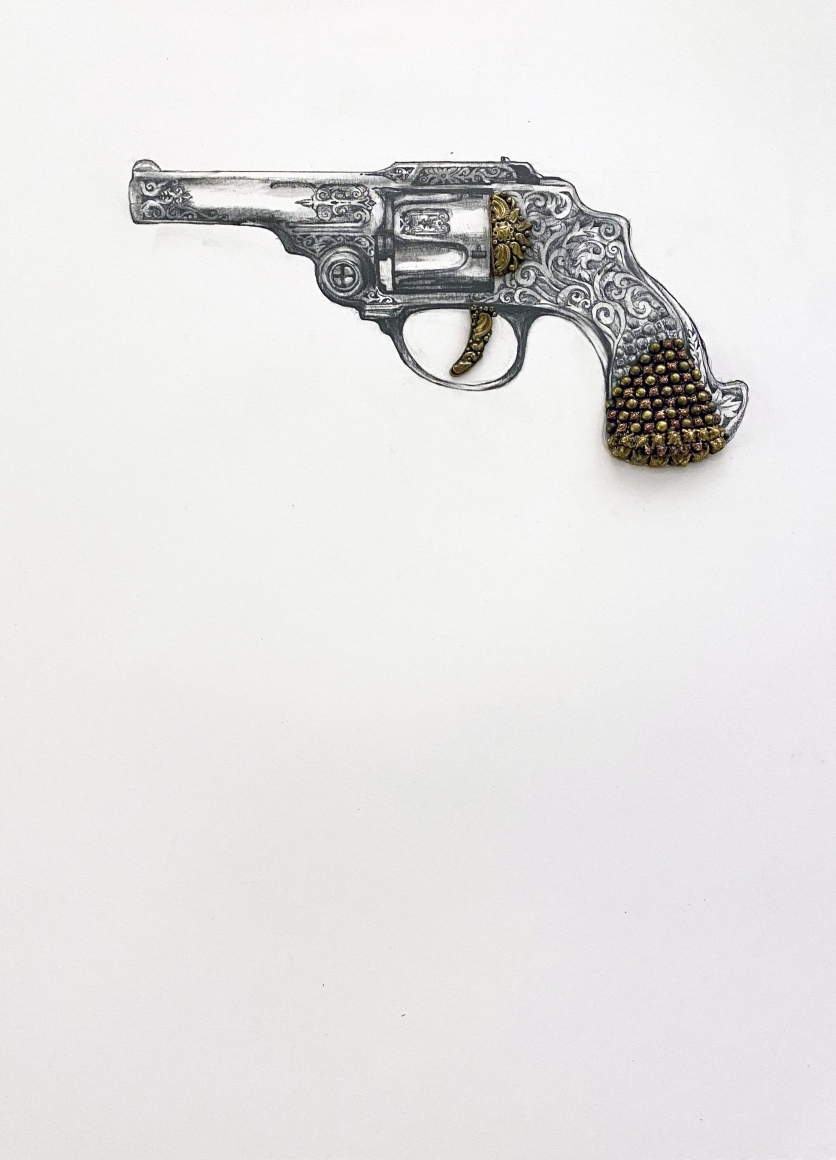 Promotesh Das Pulak Untitled (Beautiful way to die) (3) 2019 Drawing on paper, brass, copper 16 x 12 in.