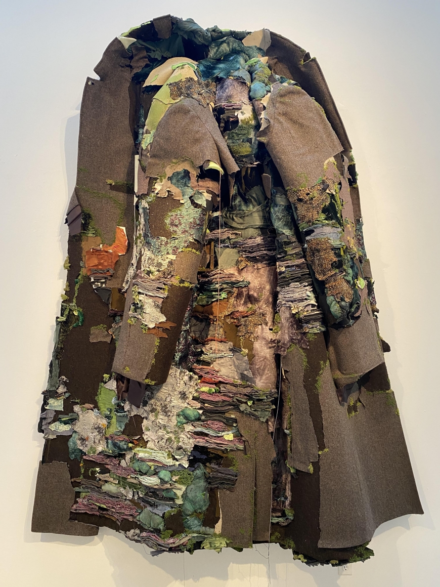 Ruby Chishti An intangible sanctuary of ocean and starts II, 2020 Men’s vintage wool overcoat, cloth, thread flicking powder, wood, paint, archival glue, dried moss 100h x 74w x 14d in