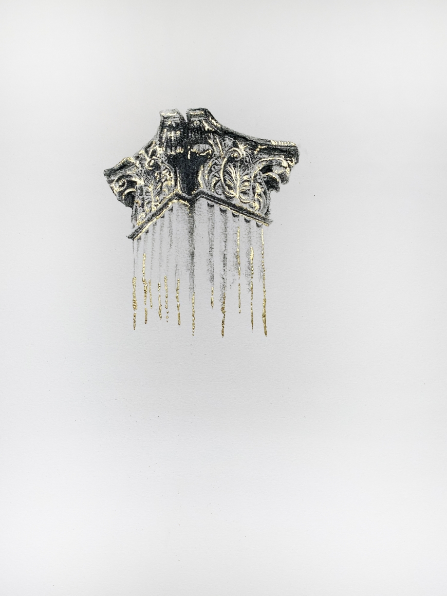 Najmun Nahar Keya Corinthian Dhaka (28) Charcoal, graphite, rabbit skin glue, gold, on Fabriano archival paper 28 x 20 2019