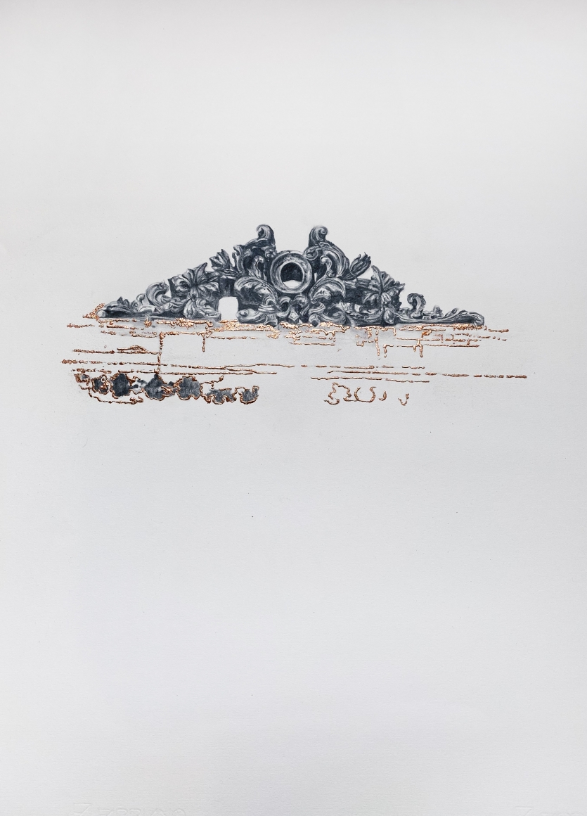 Najmun Nahar Keya Corinthian Dhaka (31) Charcoal, graphite, rabbit skin glue, copper, on Fabriano archival paper 28 x 20 2019