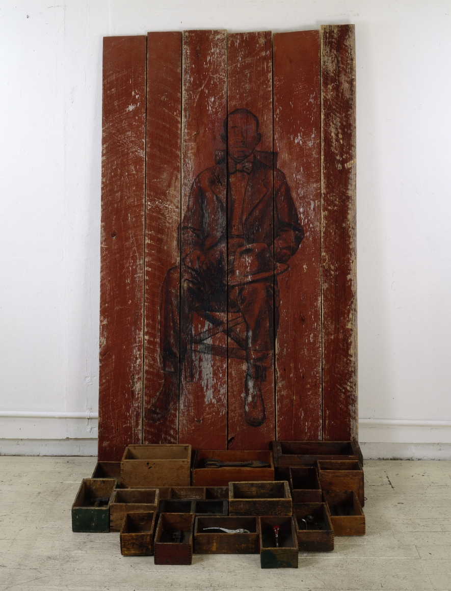 Workings, 1999 Charcoal on wood, found objects