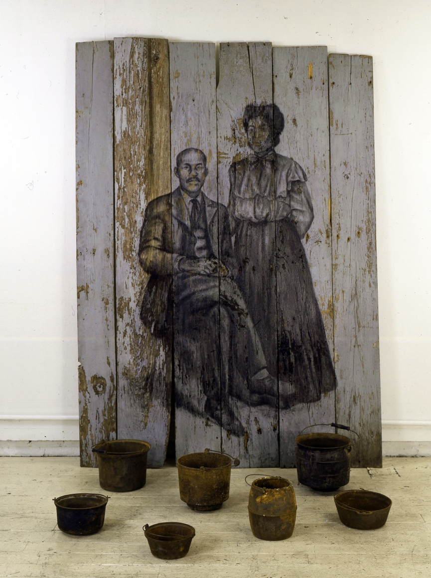 Still, 1999 Charcoal on wood, found objects