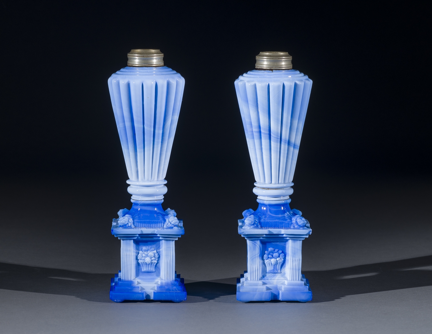 Pair Opaque Blue Slag Lamps with Lion Bases, about 1830, New England Glass Company, Cambridge, Massachusetts (active 1818&ndash;88), or Boston &amp;amp; Sandwich Glass Company, Sandwich, Massachusetts (active 1825&ndash;88)