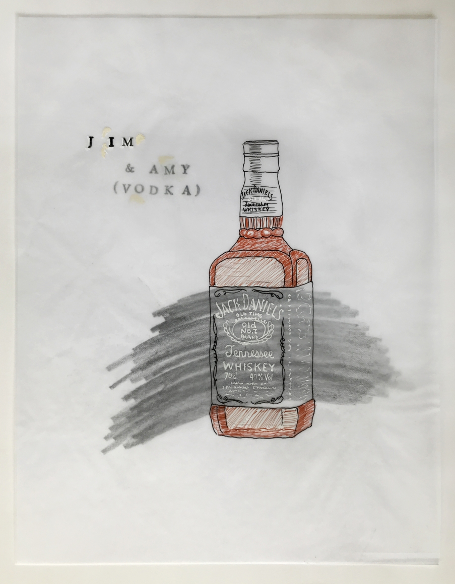 DG Krueger, Conversational Tools, ink, pencil, correction fluid, drawings on vellum, Jim & Amy (vodka), Vanishing Acts