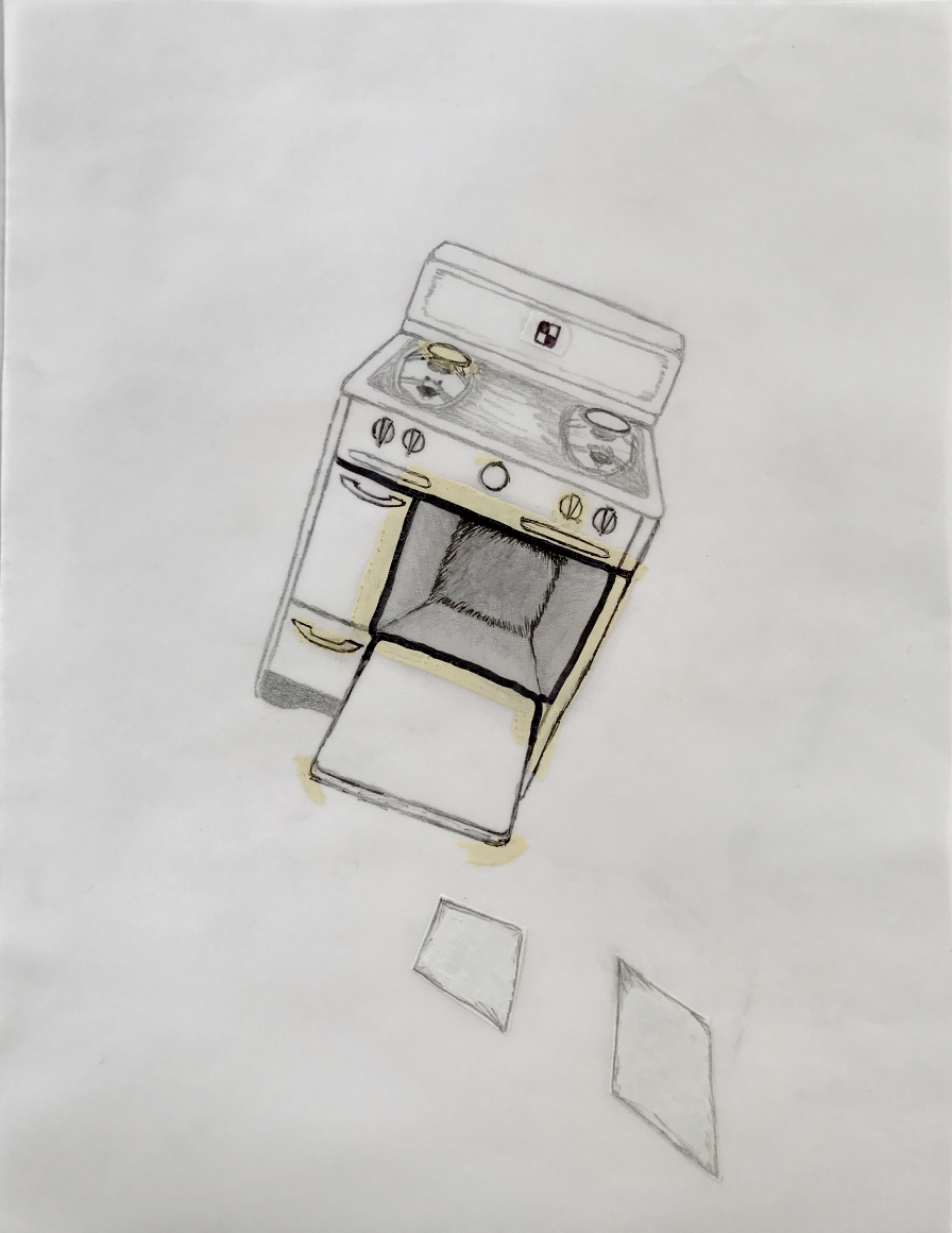 DG Krueger, Conversational Tools, ink, pencil, correction fluid drawings on vellum, Diane_oven, towels, gas, collage