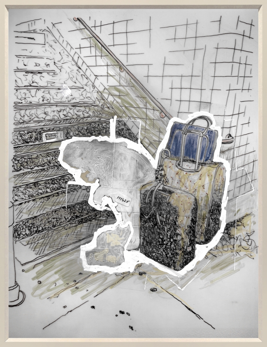 No. 31 taped, ©2018, Ink, correction fluid, graphite, label, cellotape on gloss archival pigment print