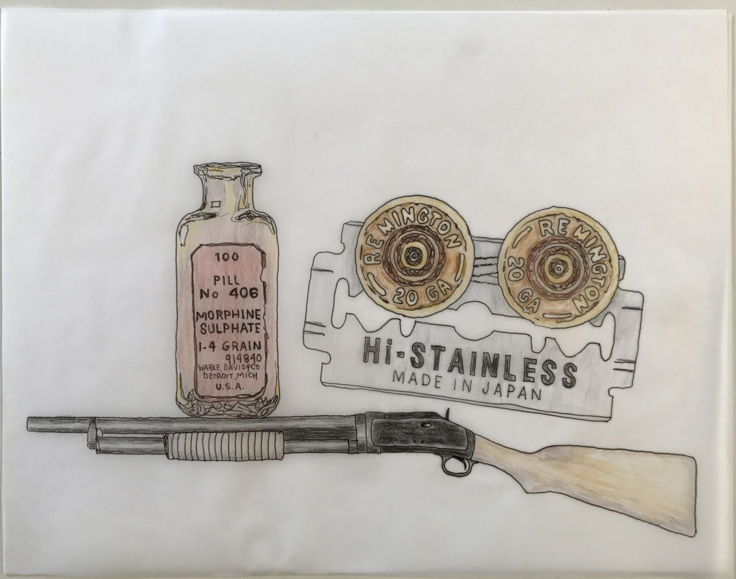 DG Krueger, Conversational Tools, drawings, ink, vellum, drugs, blades and shotguns