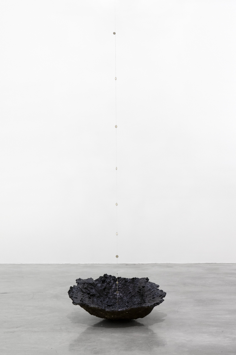 Tania Pérez Córdova (b. 1979) Short Sight Box - Hole A, 2020 Imprint of a hole dug in a field, earth, plant roots, plaster, mesh, enamel paint, chain with one peso Mexican coins Hole: 29 x 28.5 x 11.5 inches 73.7 x 72.4 x 29.2 cm Chain: Length variable Edition 2/2, 1
