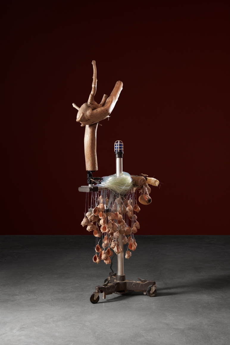 Minouk Lim (b. 1968) Camel's Ocean, 2015 Wood, octopus net, sea snail shells, steel, camera stand, squid bones, blue sugar, hot glue, beads, plastic tube 93.31 x 46.46 x 28.35 inches 237 x 118 x 72 cm