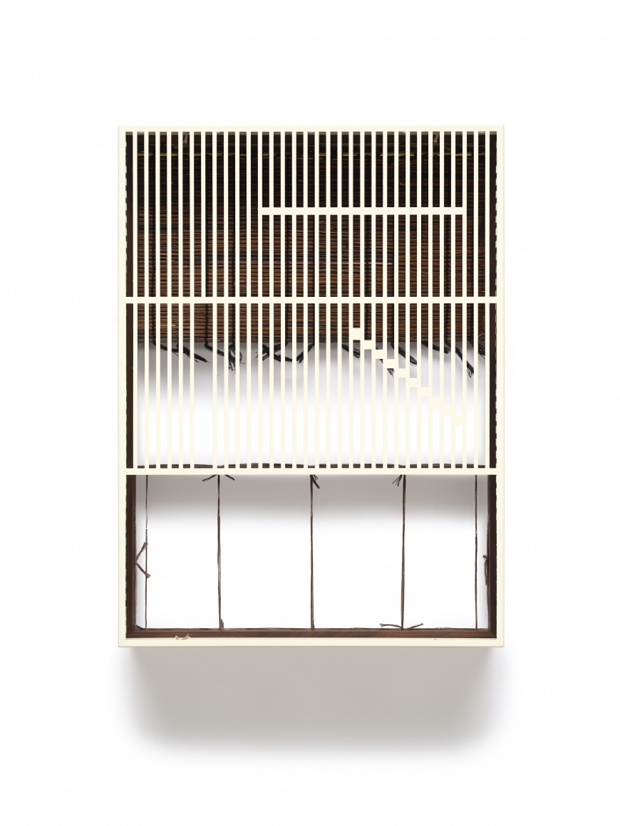 Mat 55 x 40 — Bold #19-04 by Suki Seokyeong Kang, 2017-19, Painted steel, woven dyed Hwamunseok, thread, wood frame, brass bolts, leather scraps, Tina Kim Gallery
