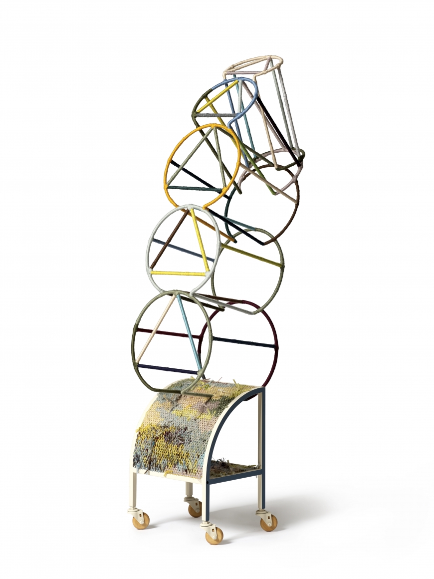 Suki Seokyeong Kang (b.1977) GRANDMOTHER TOWER — tow #20-05, 2020 Thread on reproduced industrial dish carrier, painted steel, wheels 53.94 x 11.81 x 18.31 inches 137 x 30 x 46.5 cm