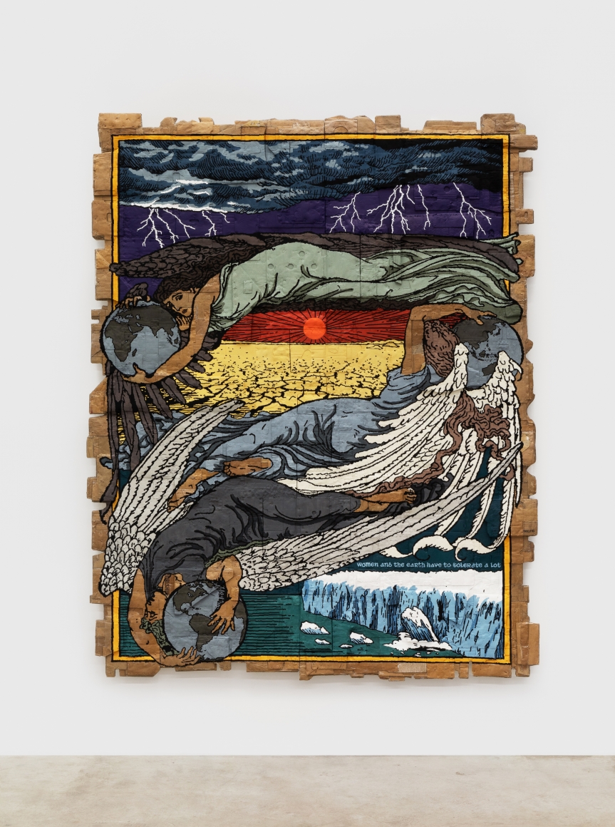 Andrea Bowers, Women and the Earth Have to Tolerate a Lot (The Sirens Three, Original Illustration by Walter Crane, Published by Macmillan, 1886), 2019