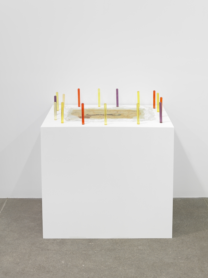 Barbara T. SmithHoly Squash, 1971Digital video transfer, altar berglass drawing and cast test tubes, bag with foam, spacing material in bag, plastic drop cloth with overspray, 3 foam sheets with overspray, 4 foam sheets, reliquary, sound, staff with berglass hand, old shoes used during production, miscellaneous items from production, shirt used during production, The Holy Squash and plastic casting of original offering owersDimensions variable 
