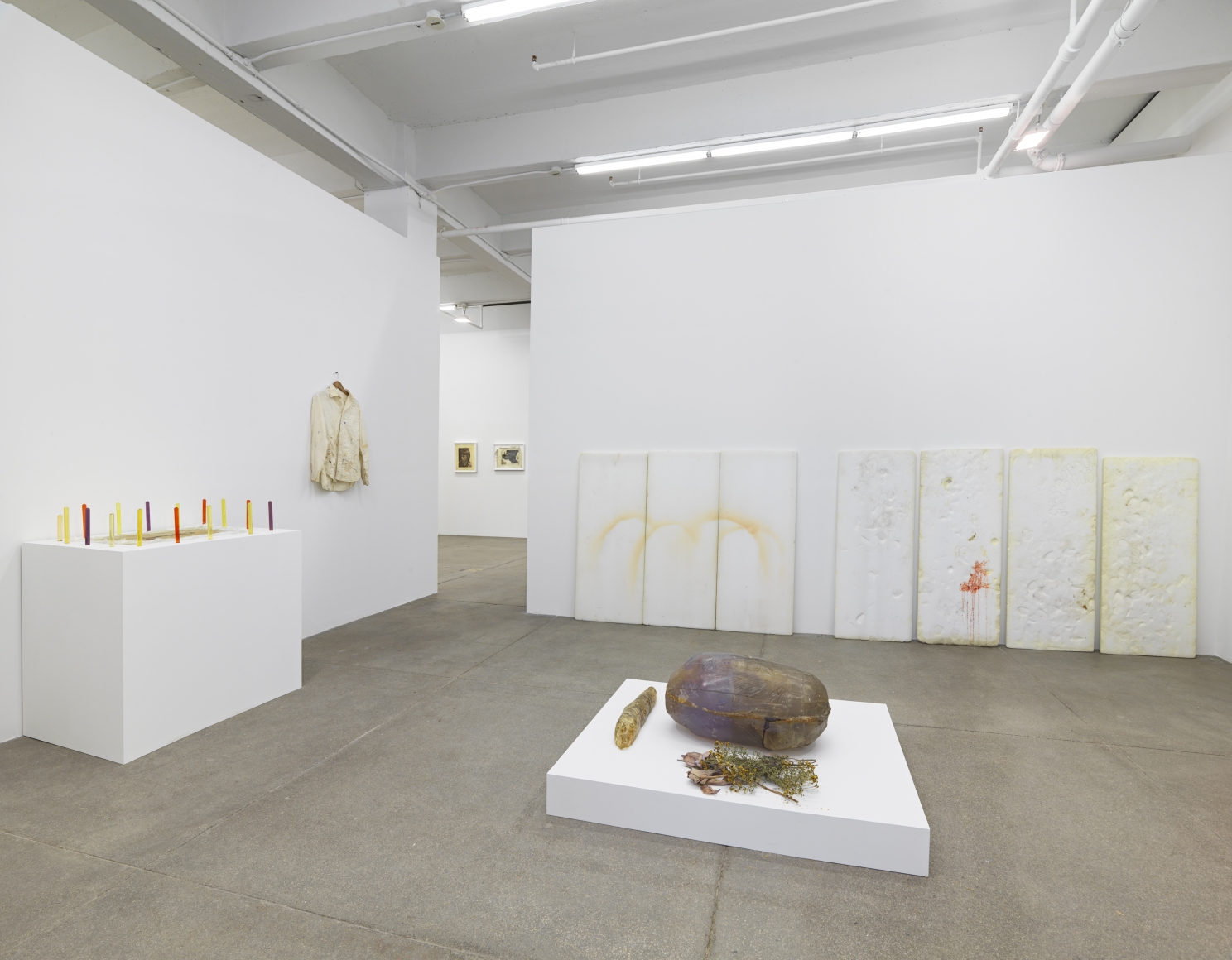 Barbara T. SmithHoly Squash, 1971Digital video transfer, altar berglass drawing and cast test tubes, bag with foam, spacing material in bag, plastic drop cloth with overspray, 3 foam sheets with overspray, 4 foam sheets, reliquary, sound, staff with berglass hand, old shoes used during production, miscellaneous items from production, shirt used during production, The Holy Squash and plastic casting of original offering owersDimensions variable 