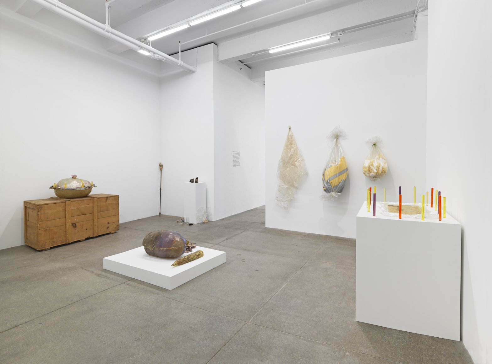 Barbara T. SmithHoly Squash, 1971Digital video transfer, altar berglass drawing and cast test tubes, bag with foam, spacing material in bag, plastic drop cloth with overspray, 3 foam sheets with overspray, 4 foam sheets, reliquary, sound, staff with berglass hand, old shoes used during production, miscellaneous items from production, shirt used during production, The Holy Squash and plastic casting of original offering owersDimensions variable 