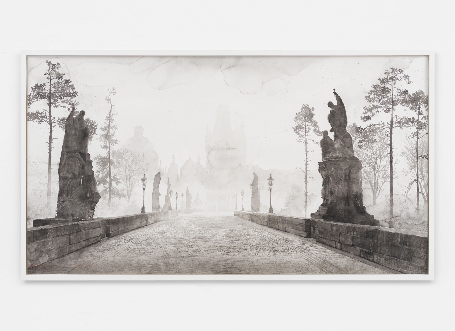 The Bridge, 2019, Black and white watercolor on Arches paper in wooden frame