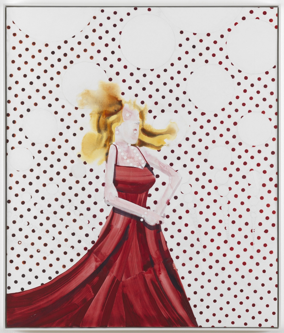 a figural painting of a woman wearing a red dress on a polka dot background by barnaby furnas