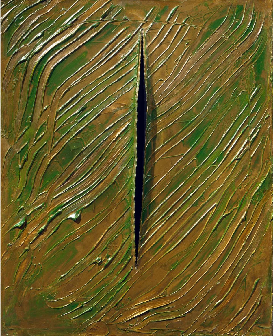 green and yellow painting by lucio fontana with slit