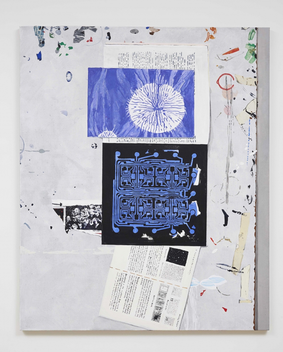 painting by melissa gordon with pieces of blue and newspaper on white background