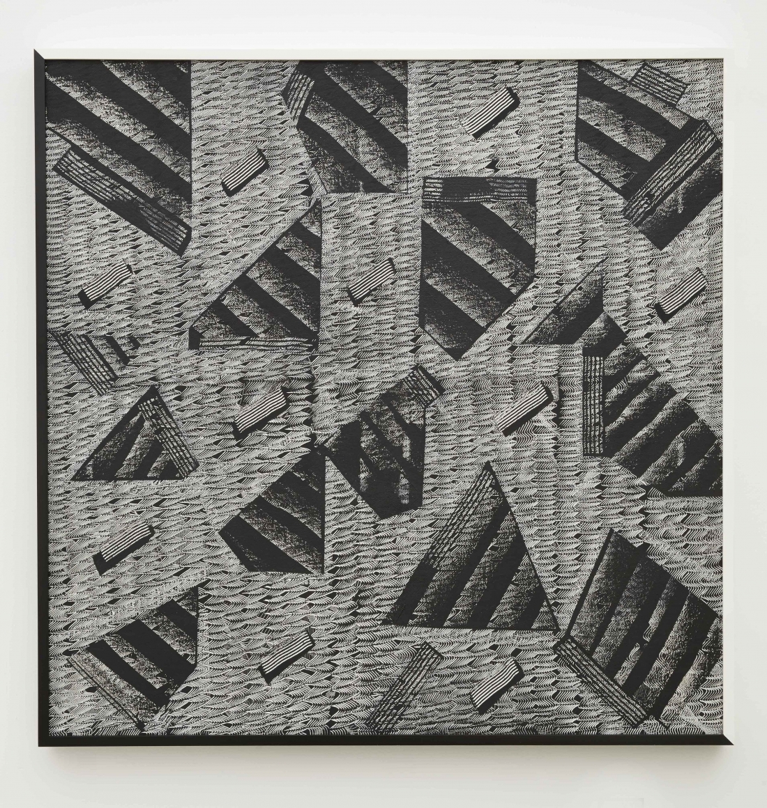 an abstract painting of black and white shapes by artist Julia Dault