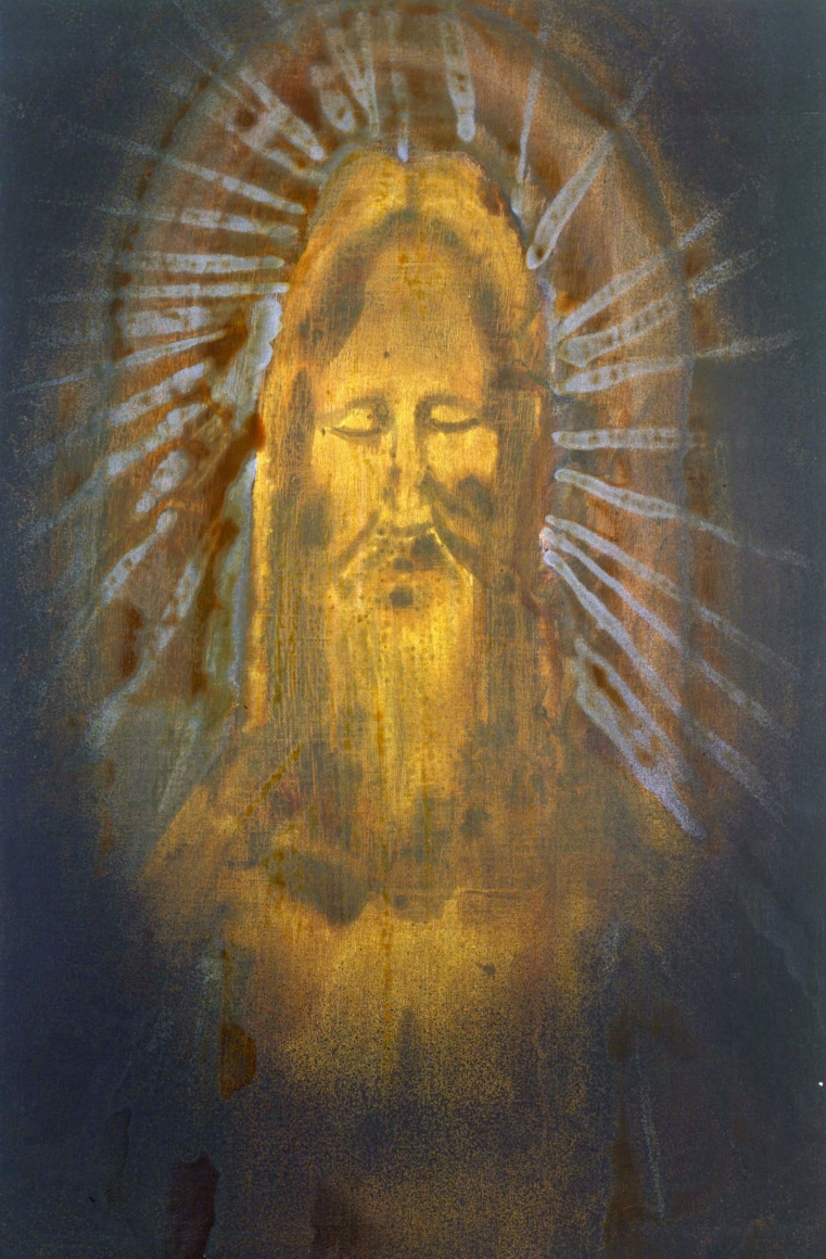 portrait of dead christ in yellow with blue and red halo by barnaby furnas
