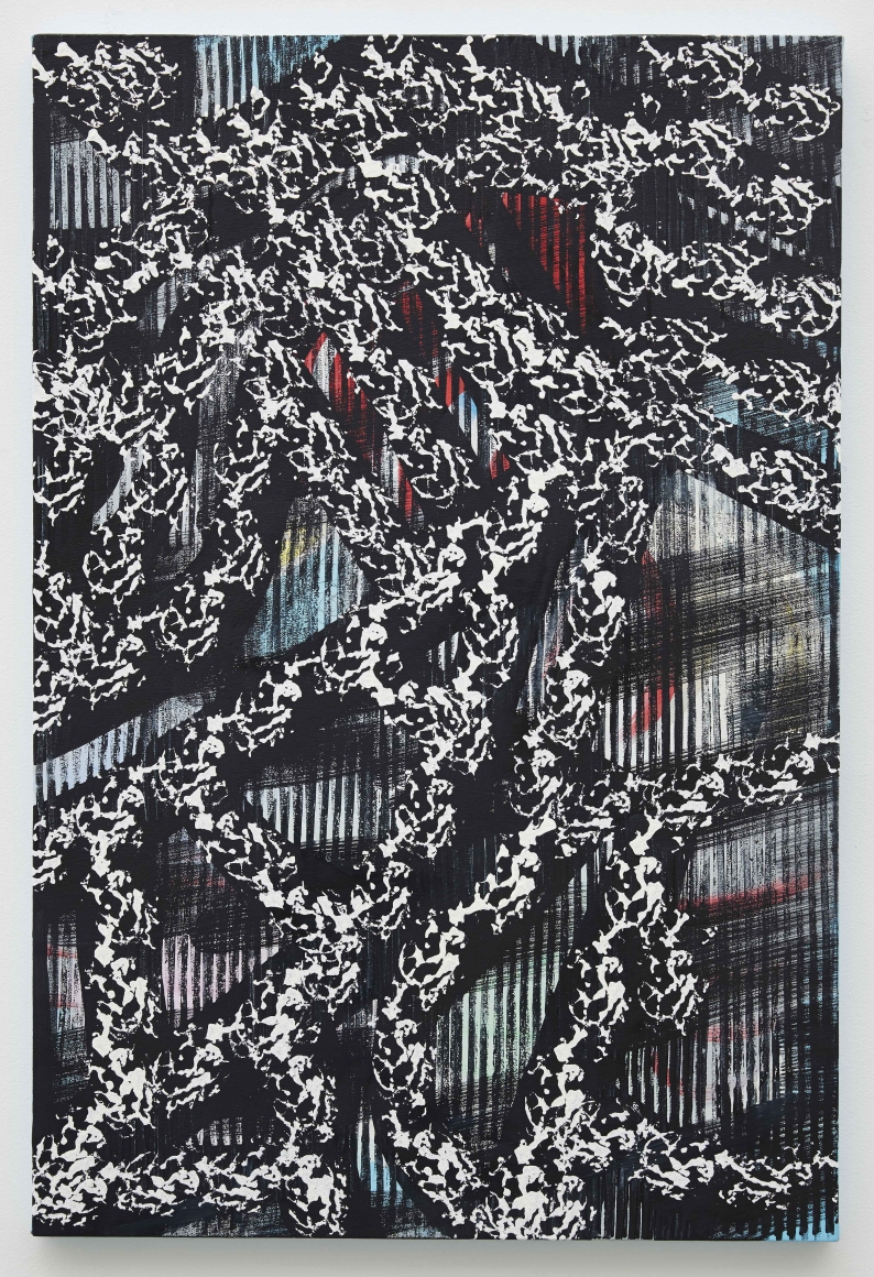 a dark black and white pattern painting by artist Julia Dault