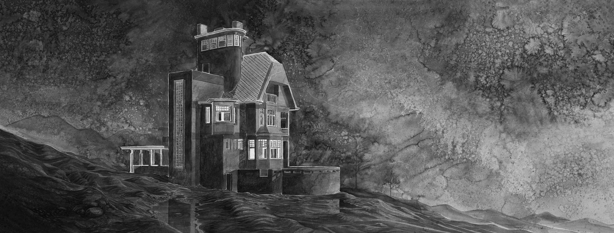 watercolor of a house on a hill by hans op de beeck