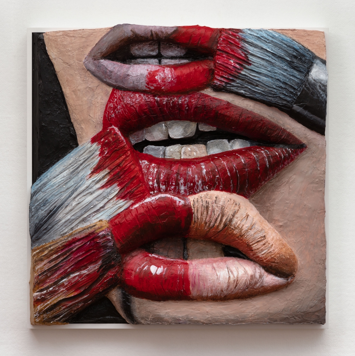 Extruded painting of paint brushes on a face with many lips by Gina Beavers