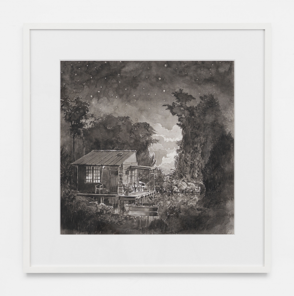The Lake Dwelling, 2019, Black and white watercolor on Arches paper in wooden frame