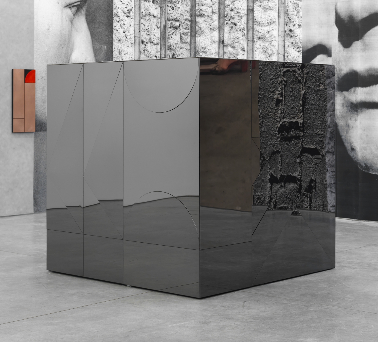 Untitled, 2017 Mirror-polished stainless steel and ceramic on MDF