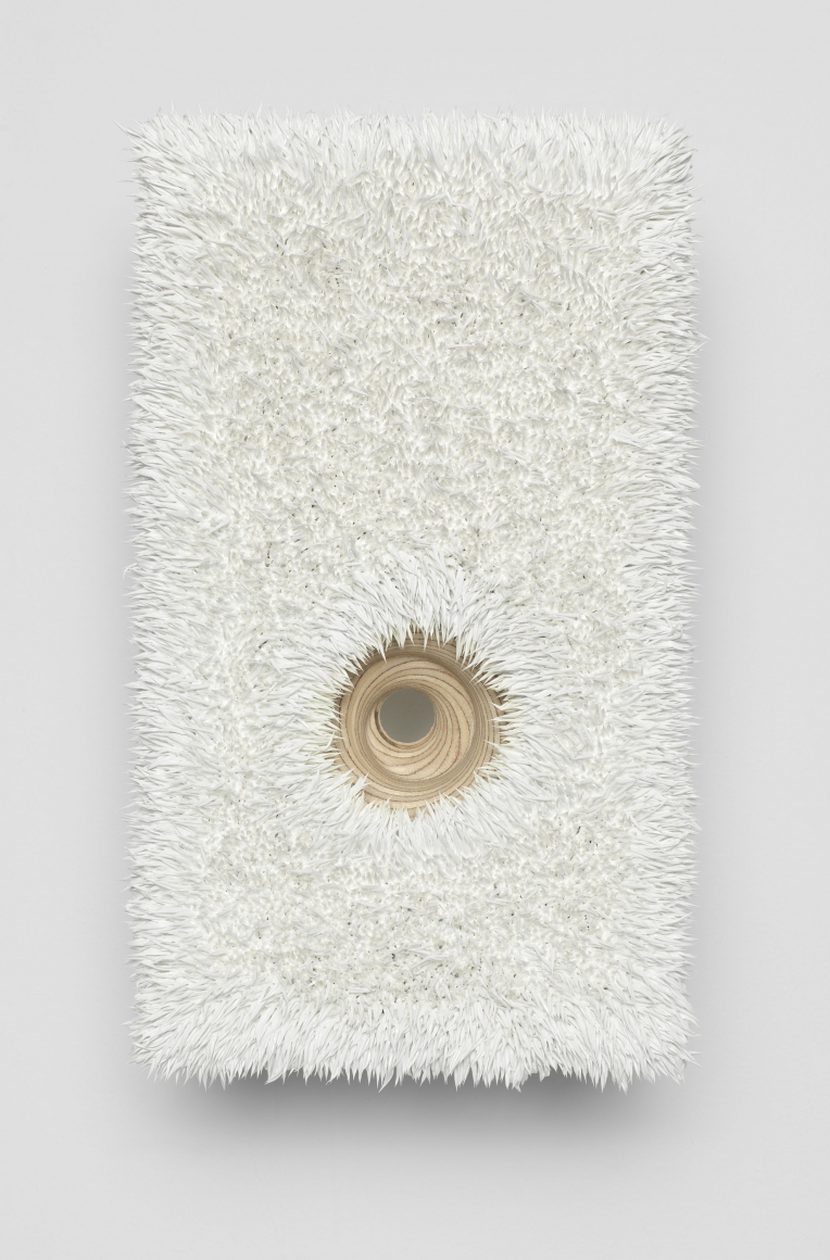 Extruded painting with hole drilled in the center attached to a wall by Donald Moffett