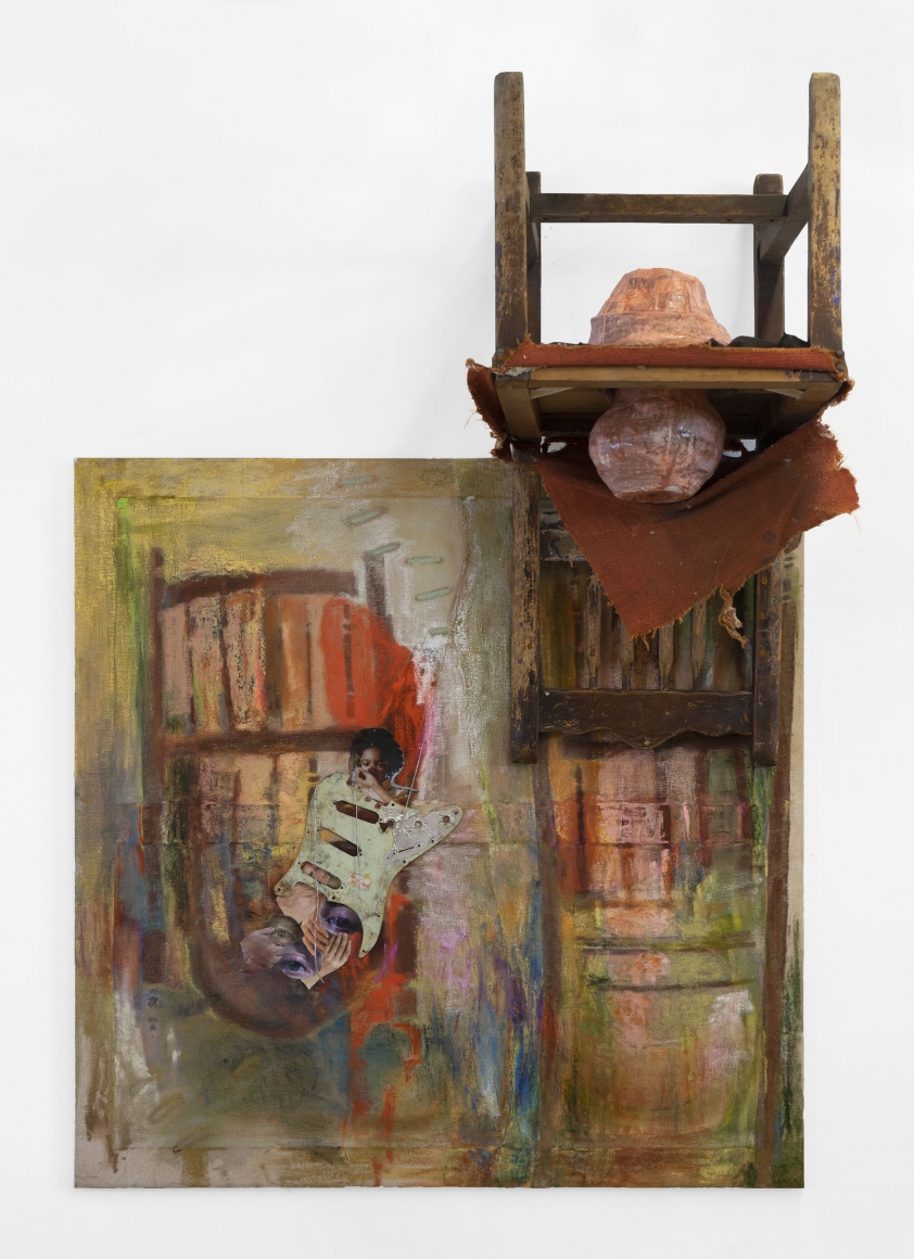 Jessica Jackson Hutchins, Guitar Face, 2019, Mono print, mixed media (old pastels, acrylic, oil paint, guitar face, collage chair and ceramic) on linen