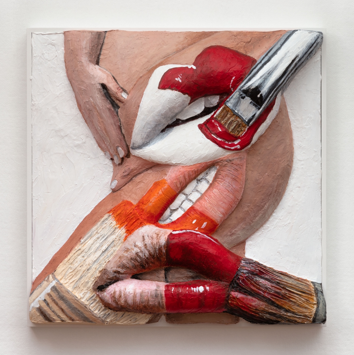 Extruded painting of paint brushes on a body with many lips by Gina Beavers