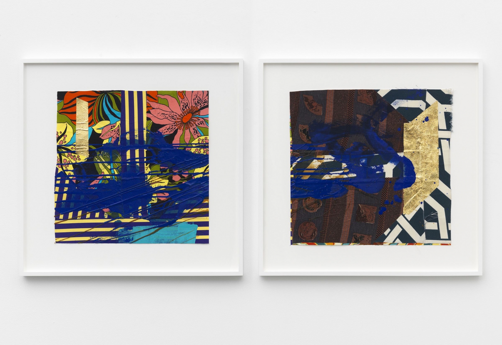 two colorful works of art by Sanford Biggers on display at a NYC art gallery