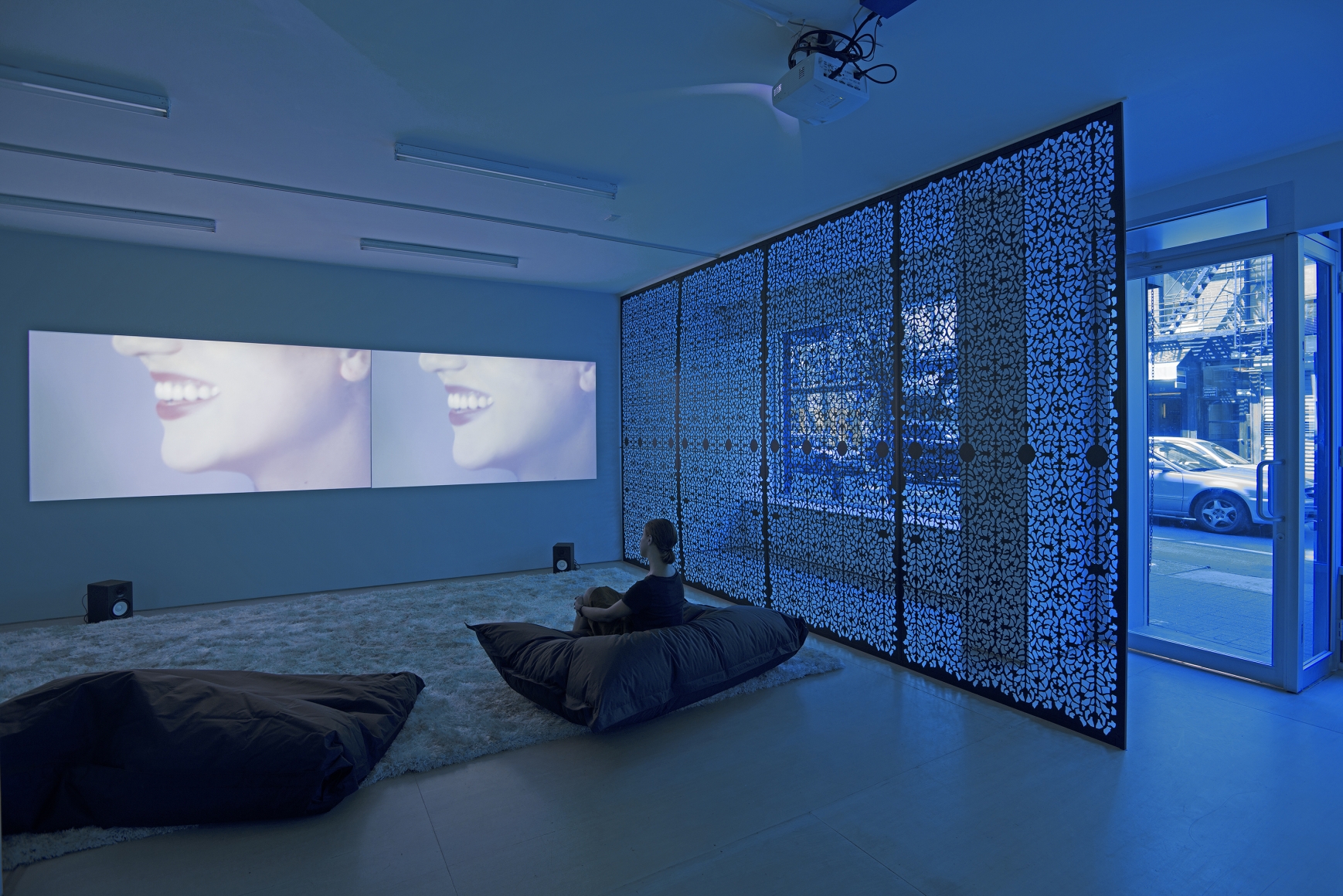 a two channel film installation by sue de beer in a contemporary art gallery
