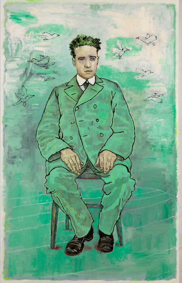 a contemporary painting of a seated man in a green suit with green hair by artist Hannah van Bart
