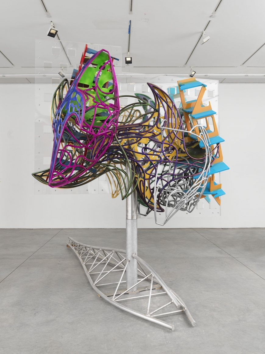 A large kinetic moving sculpture by frank stella available to buy in the gallery