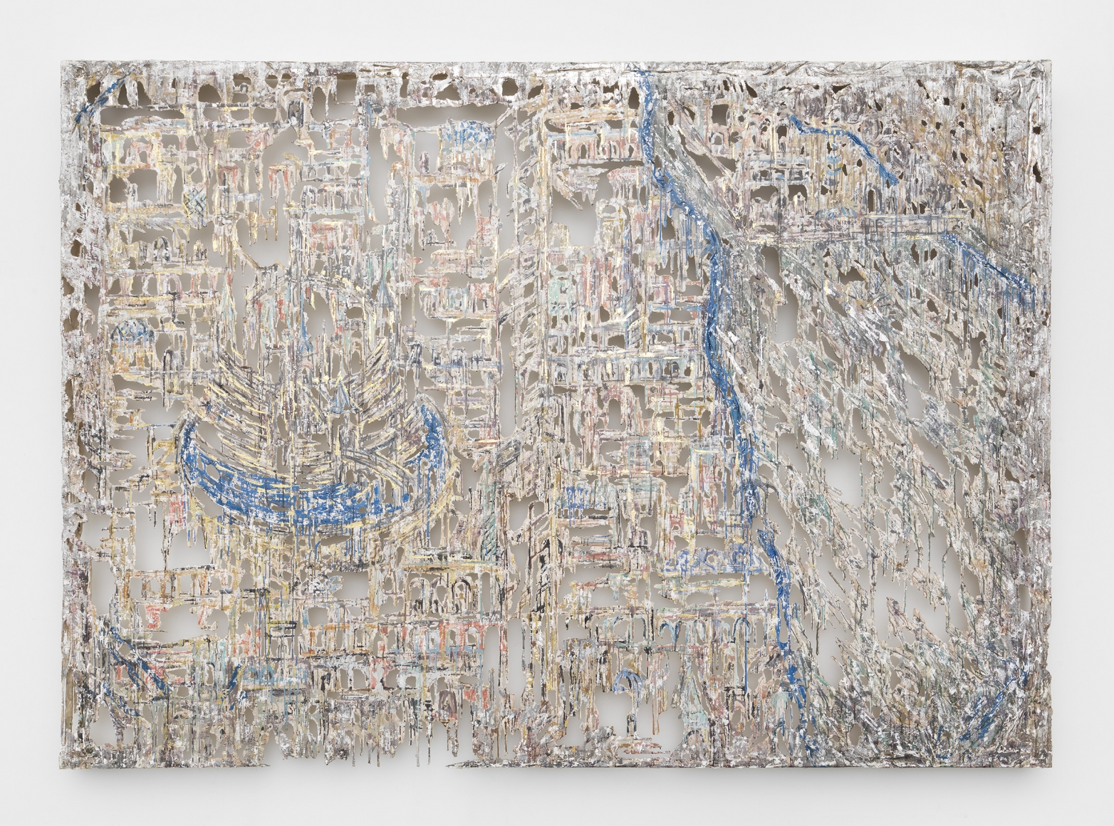 a dripping wall panel by Diana Al-Hadid in a Chelsea art gallery
