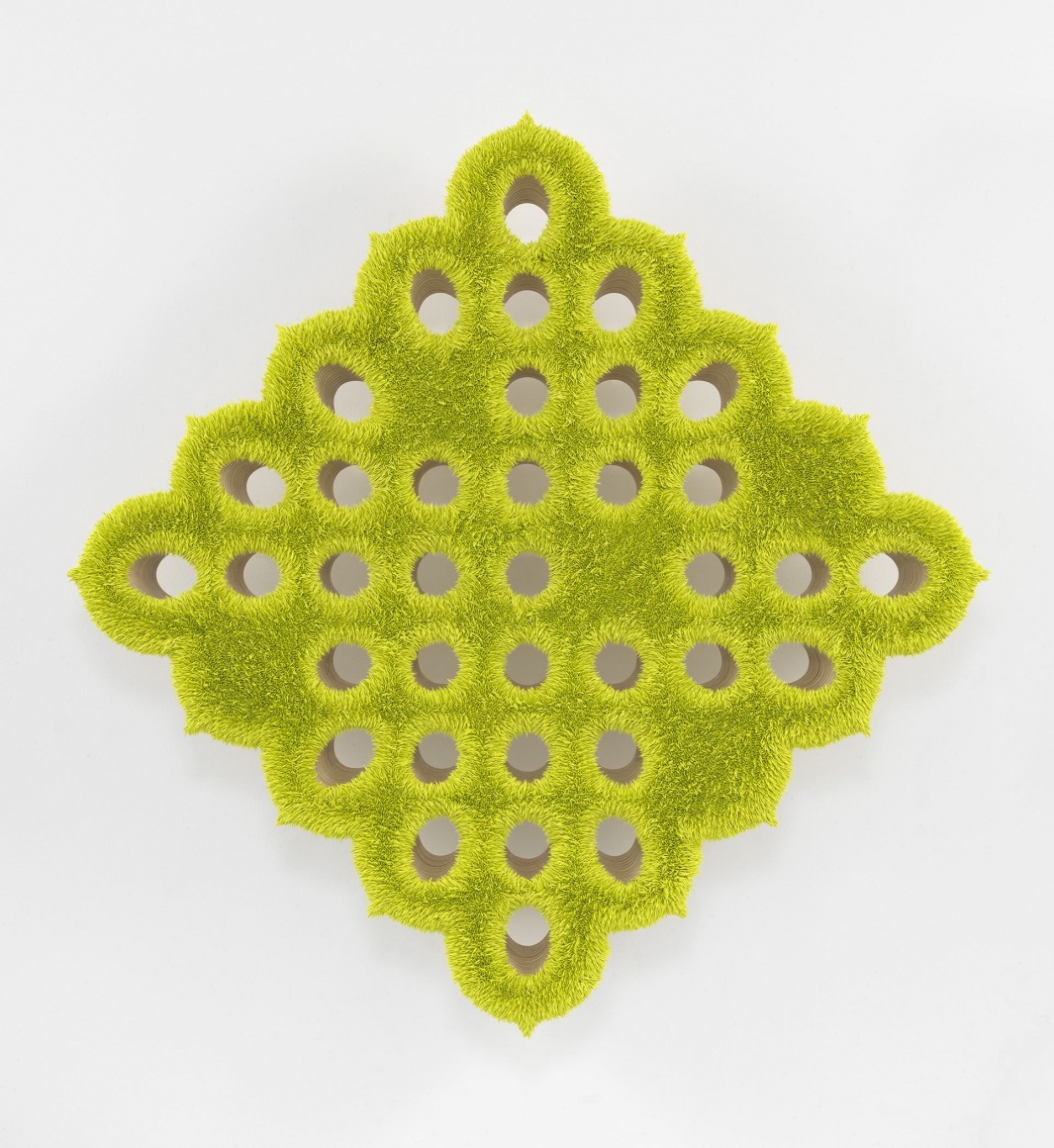 a chartreuse spore painting by donald moffett in an asymmetric geometric grid