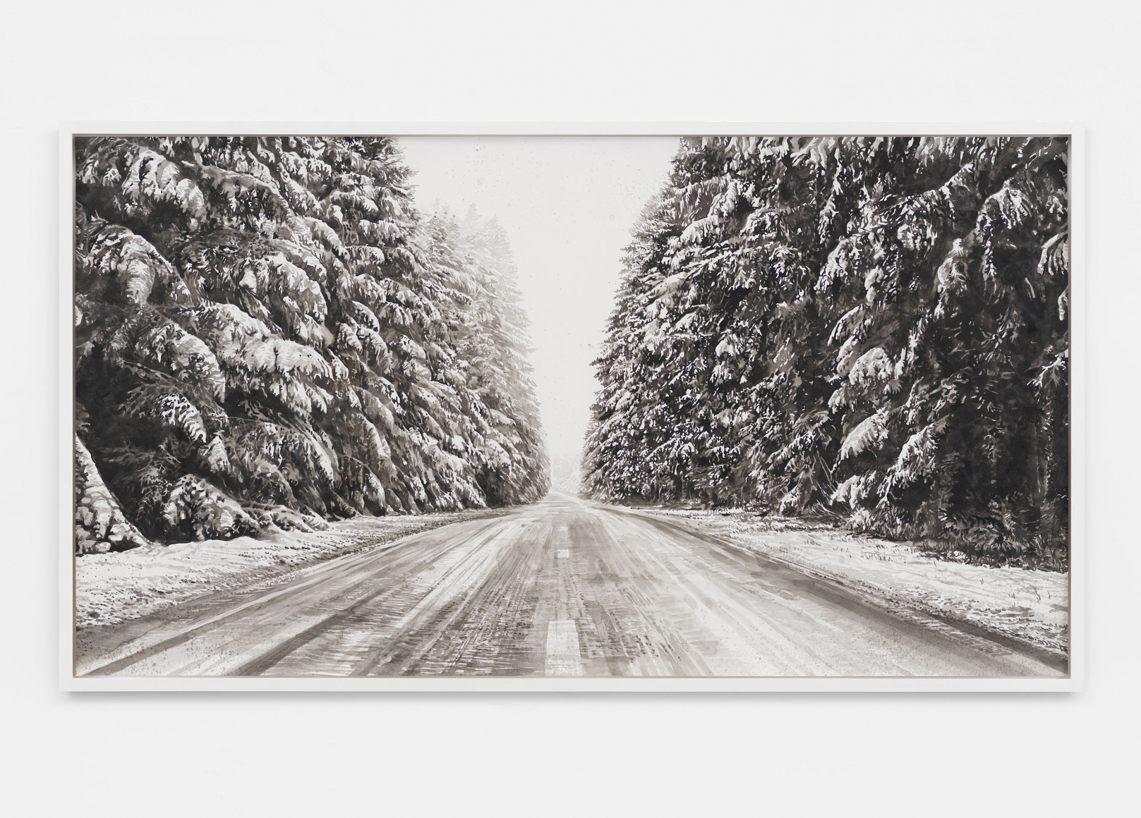 Snow Landscape (road), 2019, Black and white watercolor on Arches paper in wooden frame