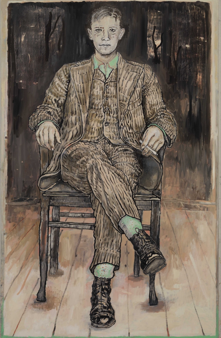 an oil painting of a man in a suit seated in a chair by contemporary artist Hannah van Bart